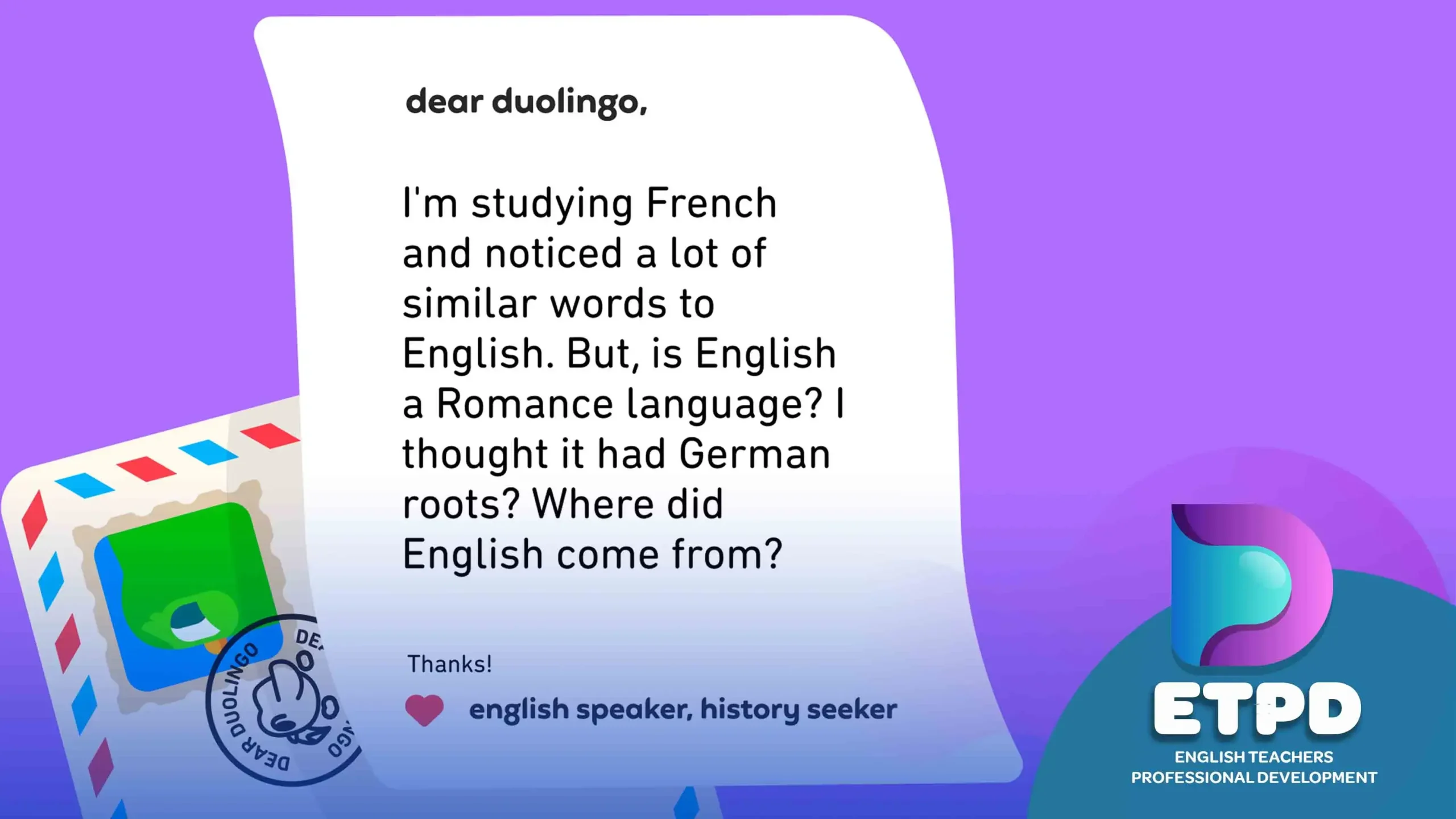 A handwritten question on a sheet of paper, styled as a letter from language learners addressed to Duolingo, seeking answers and guidance from language teachers