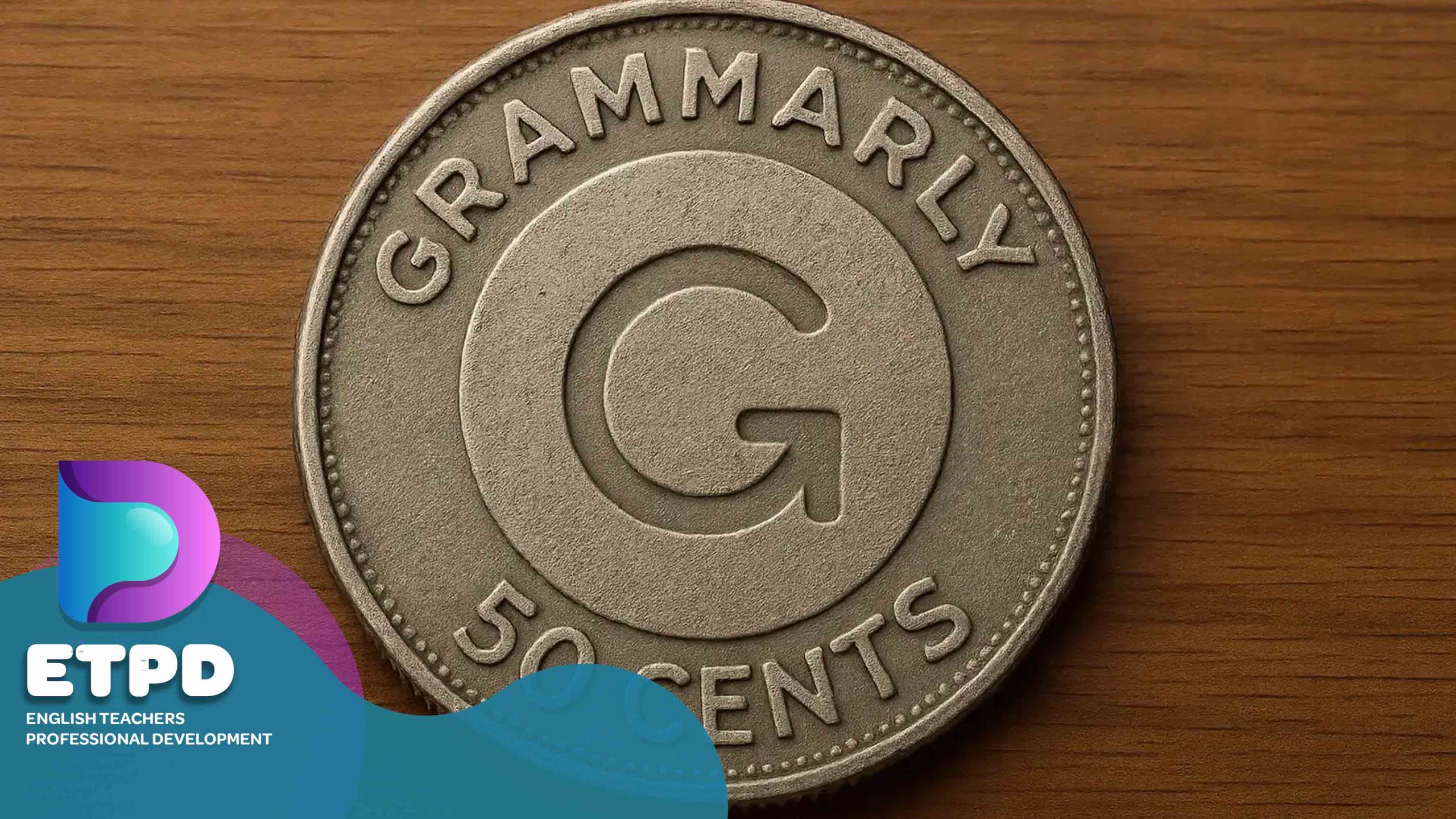 A Grammarly logo is depicted as a coin on a wooden background