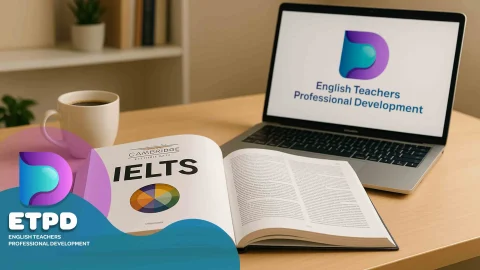 A high-quality, professional book-themed image suitable for an academic blog article introducing a recommended IELTS preparation book. The scene should show a clean, well-lit study desk with an open IELTS book in the center, a cup of coffee on the side, and a laptop displaying IELTS writing tasks. Include a soft background with a bookshelf, a small plant, and warm ambient lighting. The style should be modern, minimalistic, and appealing to university students and English teachers.