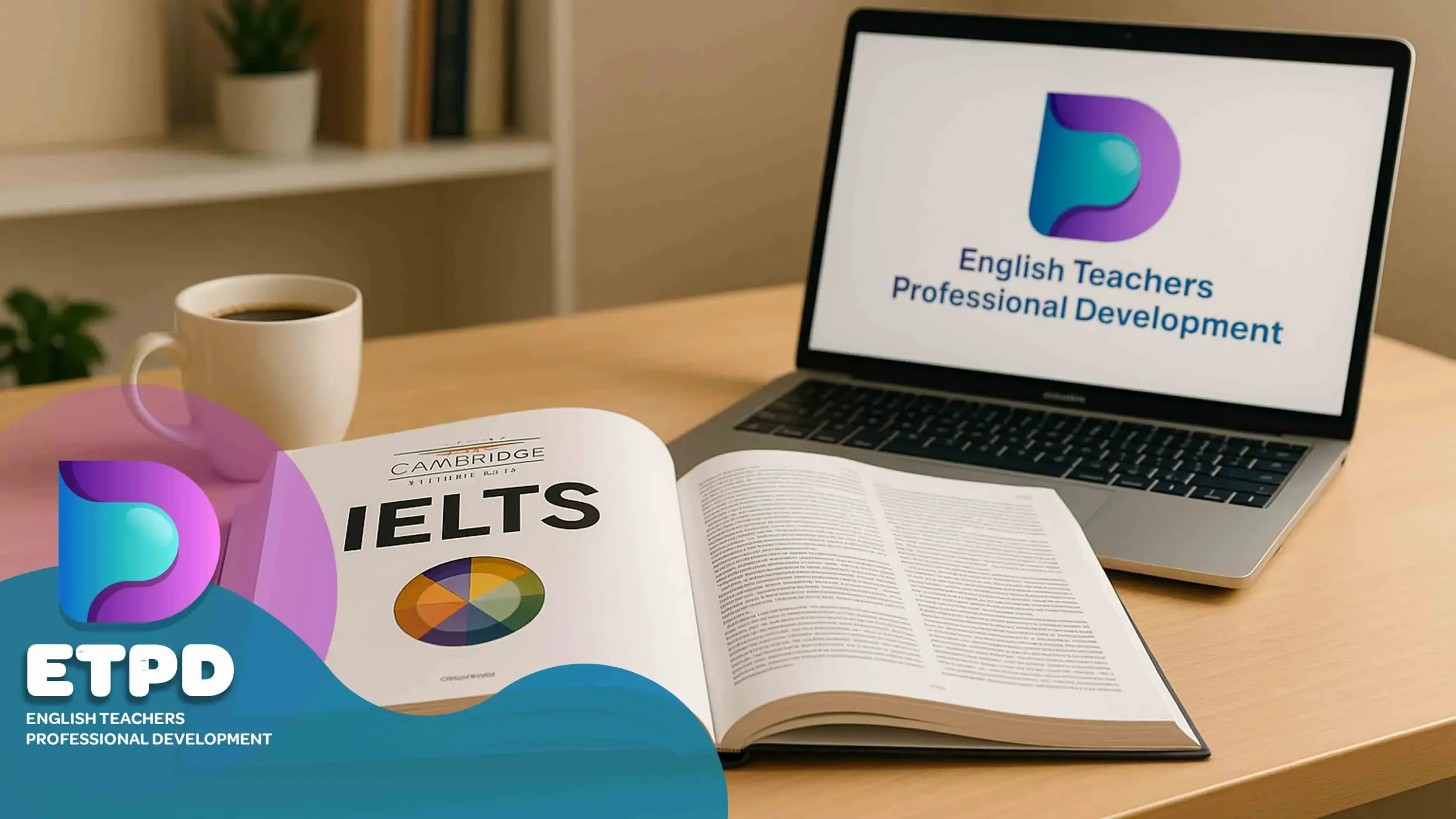 A high-quality, professional book-themed image suitable for an academic blog article introducing a recommended IELTS preparation book. The scene should show a clean, well-lit study desk with an open IELTS book in the center, a cup of coffee on the side, and a laptop displaying IELTS writing tasks. Include a soft background with a bookshelf, a small plant, and warm ambient lighting. The style should be modern, minimalistic, and appealing to university students and English teachers.