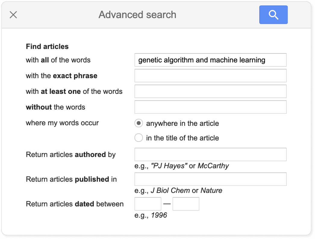 Advanced Search on Google Scholar