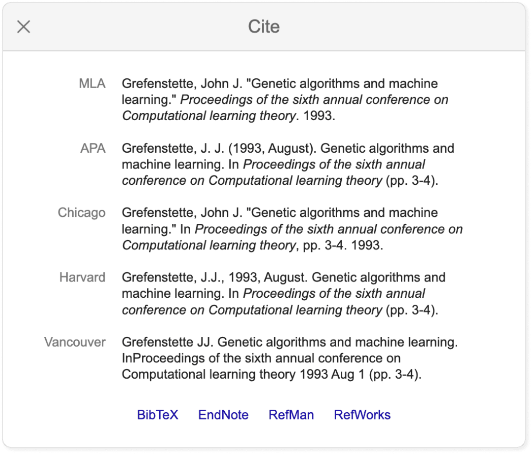Google Scholar citation Panel Screenshot