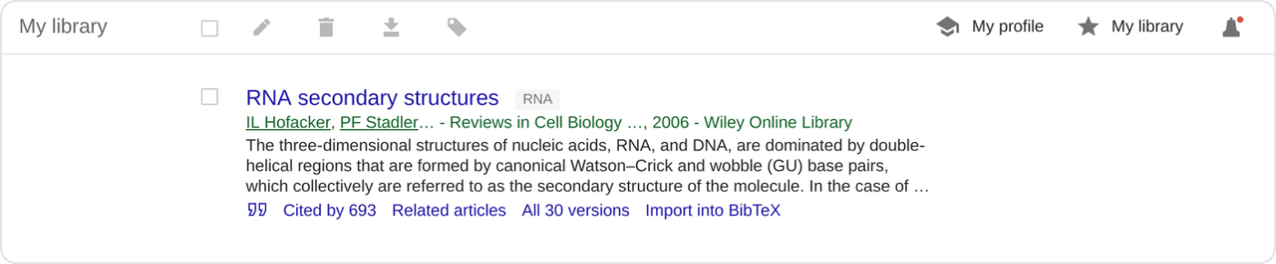 A Google Scholar My Library entry with a label termed RNA