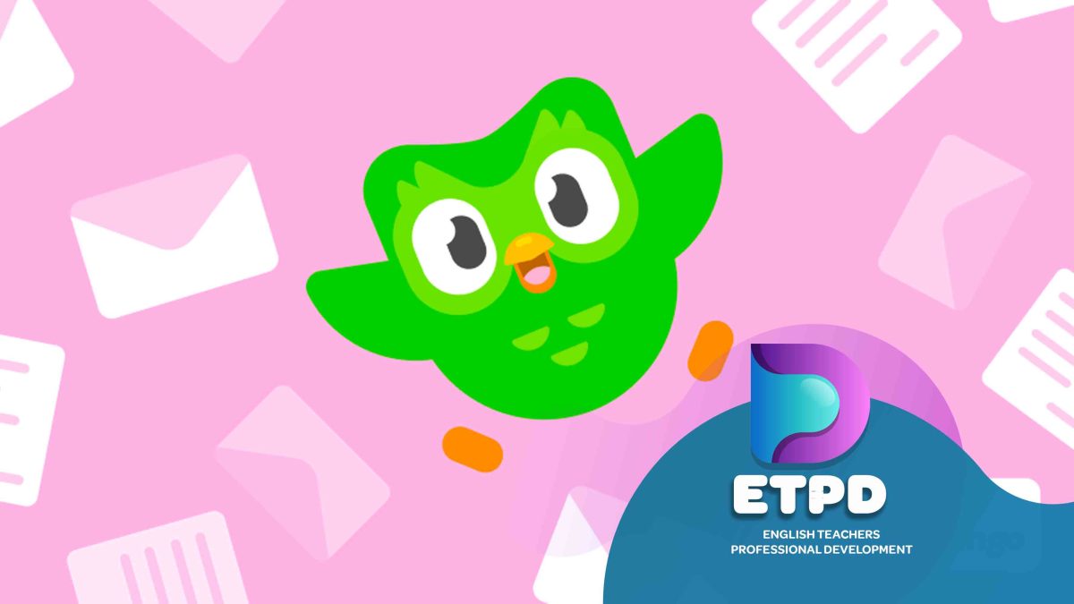 Duolingo Owl is flying over ETPD logo in a pink background