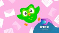 Duolingo Owl is flying over ETPD logo in a pink background