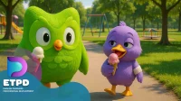 A green cartoon owl and a purple cartoon bird walk on a park path, each holding an ice cream cone, with playground equipment in the background.