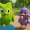 A green cartoon owl and a purple cartoon bird walk on a park path, each holding an ice cream cone, with playground equipment in the background.