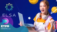 A young girl is holding a laptop in her hand and being happy using Elsa Speak AI