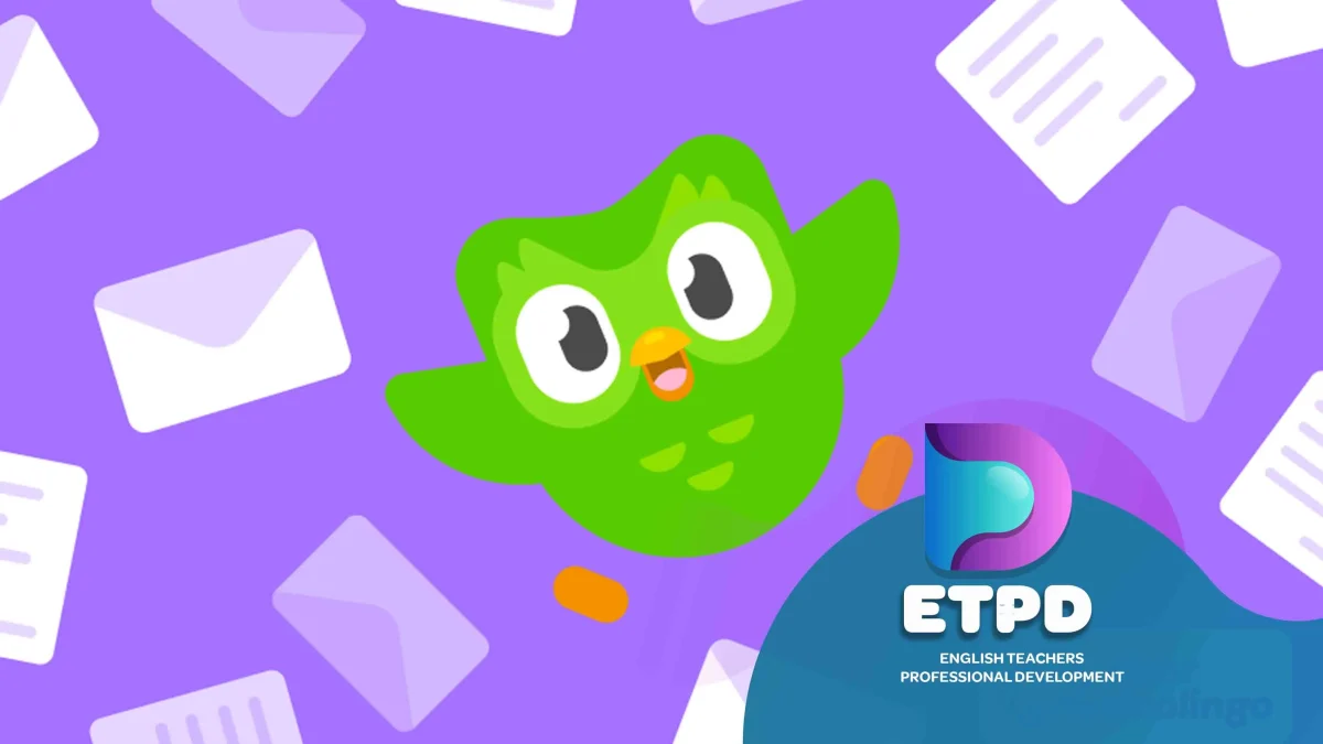 Green cartoon owl with wide eyes and open beak on a purple background, surrounded by envelopes. Text reads: "ETPD English Teachers Professional Development."