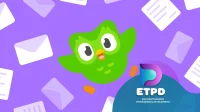 Green cartoon owl with wide eyes and open beak on a purple background, surrounded by envelopes. Text reads: "ETPD English Teachers Professional Development."